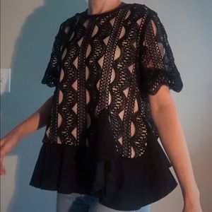 Gracia - Black Lace Blouse w/ Nude Bodice